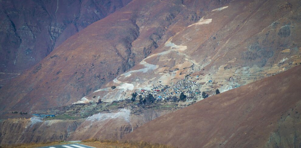 Scenic mountain village near a landing strip in Karnali Province, Nepal.