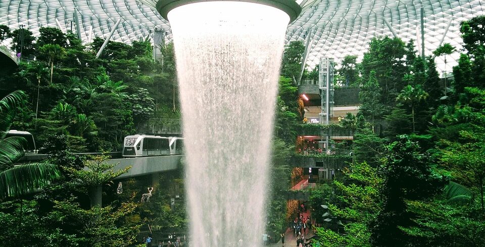 singapore jewel, singapore, airport, jewel, changi, landmark, modern, indoor, waterfall, nature, asia, green waterfall
