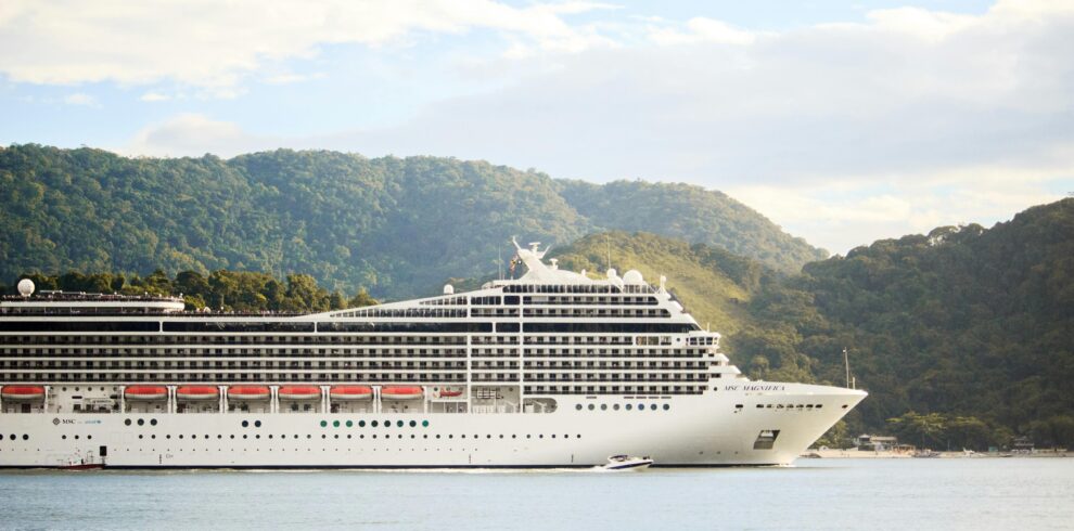A majestic cruise ship sails through tranquil waters with lush hills in the background, perfect for travel enthusiasts.