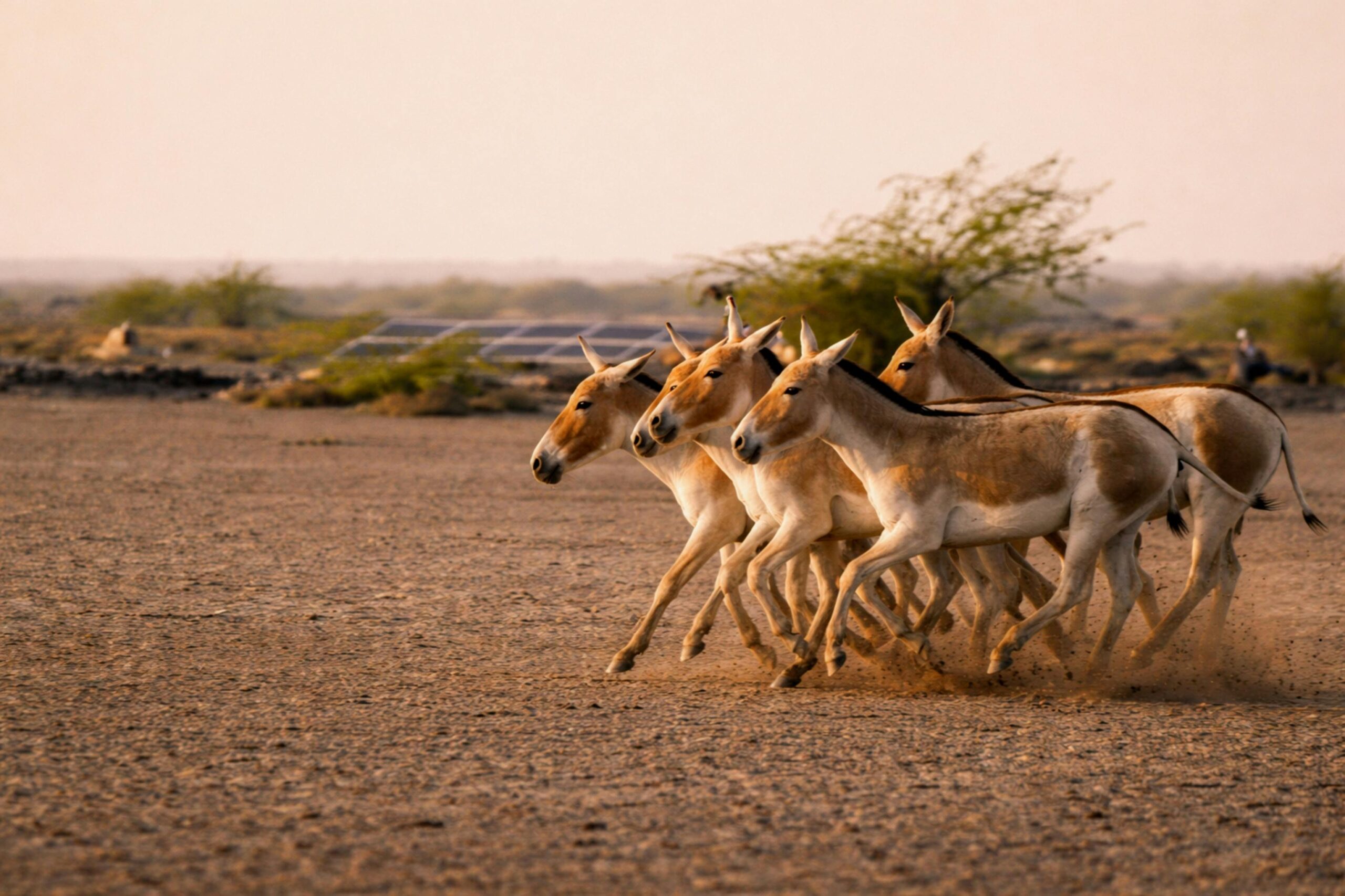 A herd of Indian onagers running in the desert of Gujarat, India, showcasing the beauty of wildlife in its natural habitat.