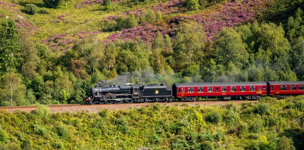 A steam locomotive travels through the lush green Highlands of Scotland.